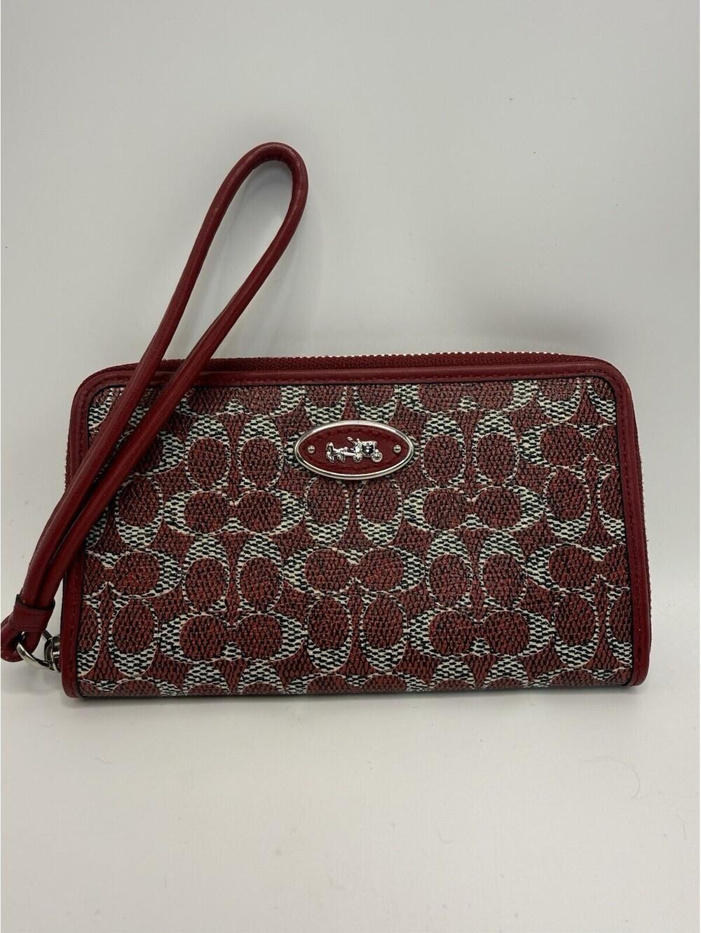 Coach Signature Coated Canvas & Red Leather Trim Wristlet Wallet